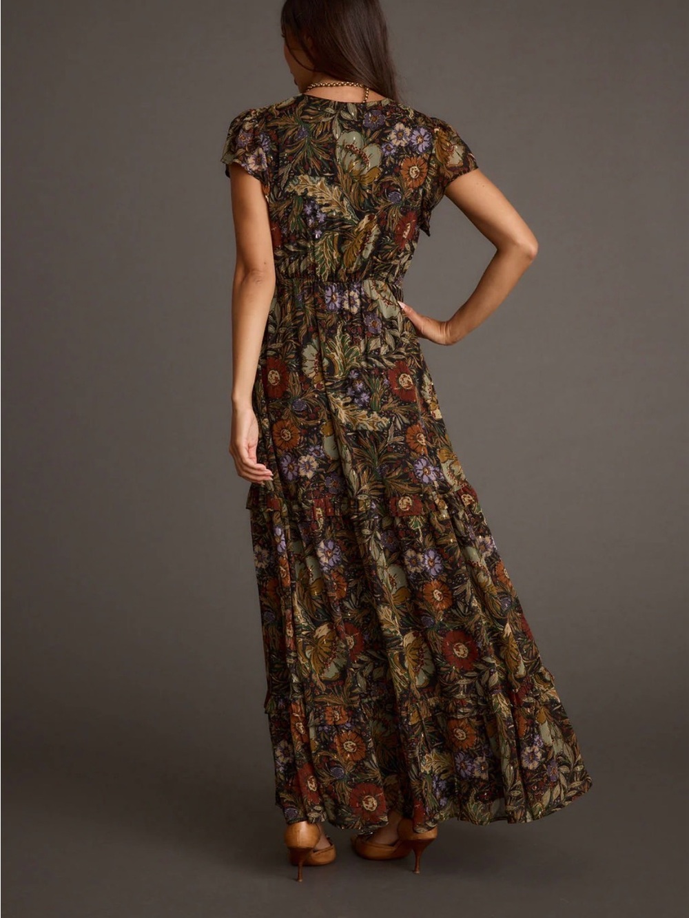 12th Tribe Bohemian Floral V-Neck Maxi Dress in Olive. PRISTINE - Picture 3 of 7